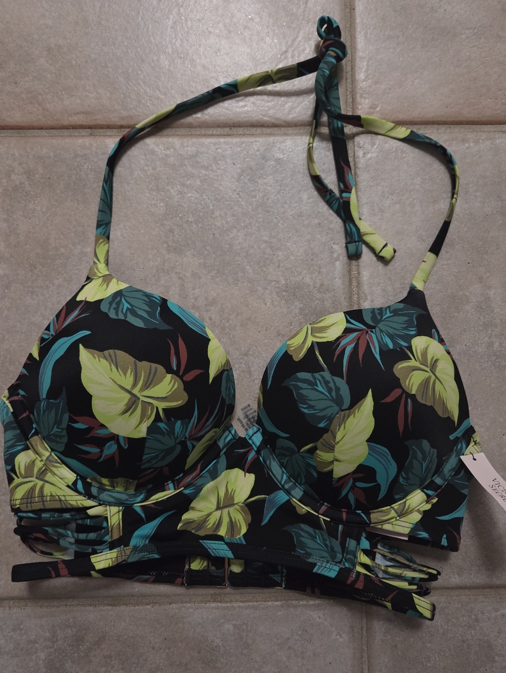 Victoria's Secret Pink Tropical Push Up Bikini Top - Black with Lime & Teal
